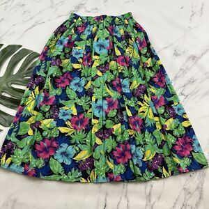 Worthington Womens Vintage 90s Midi Skirt Size S Blue Green Tropical Pleated